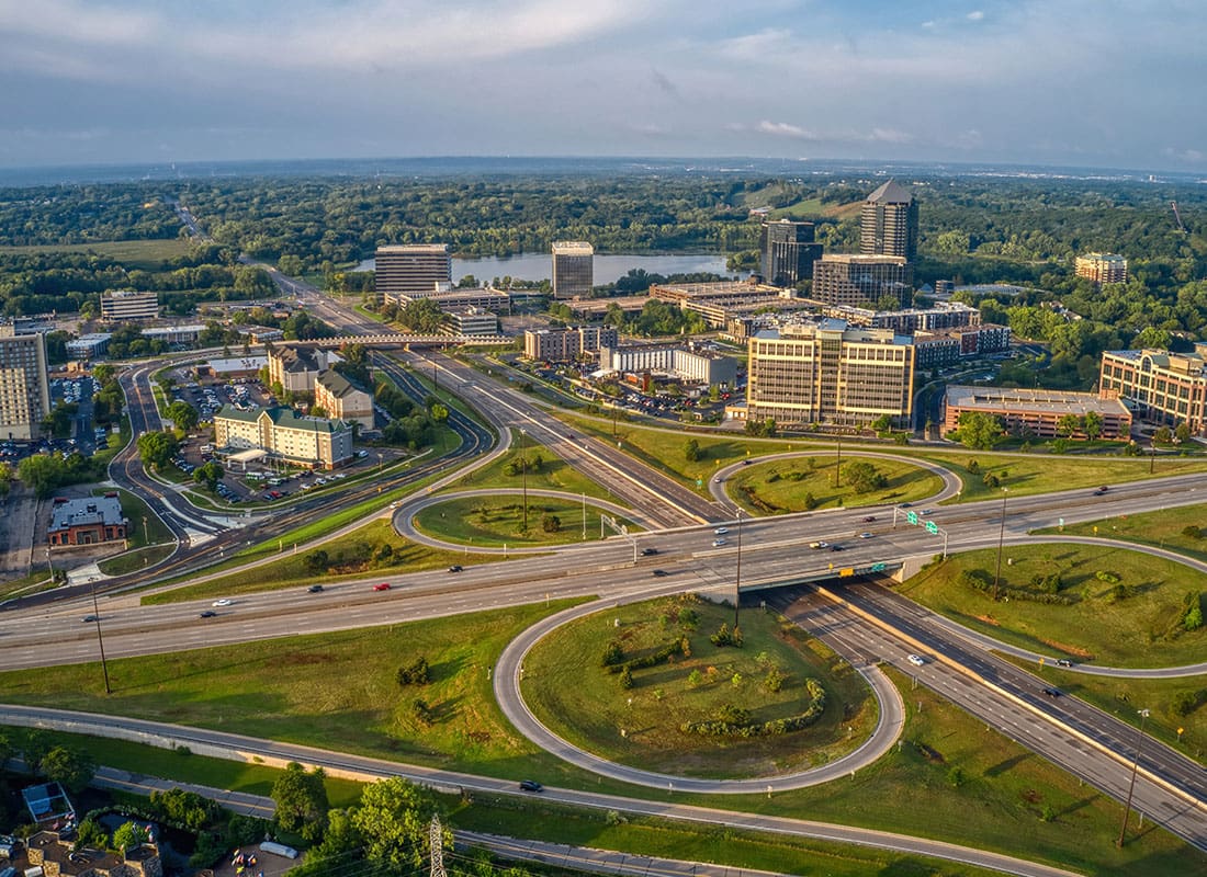 Edina, MN - Aerial View of the Business District of Edina, Minnesota at Sunrise